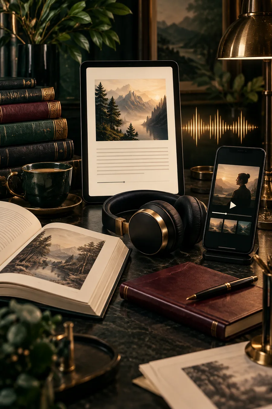 Premium digital publishing visual with ebook audiobook and video formats