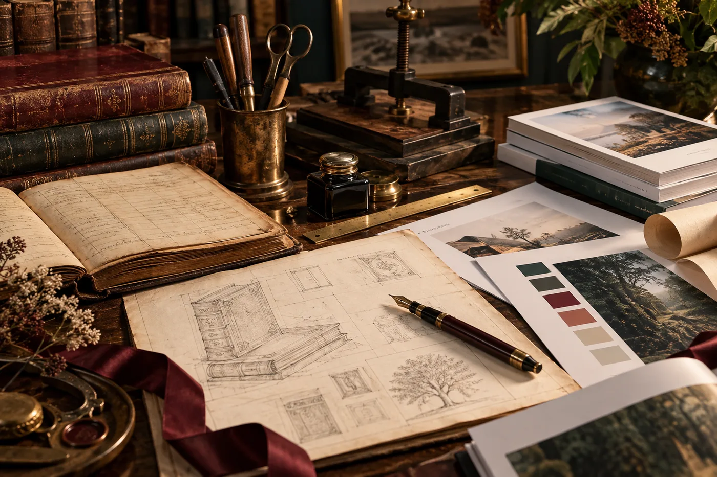 Premium publishing heritage visual with manuscripts and book craft