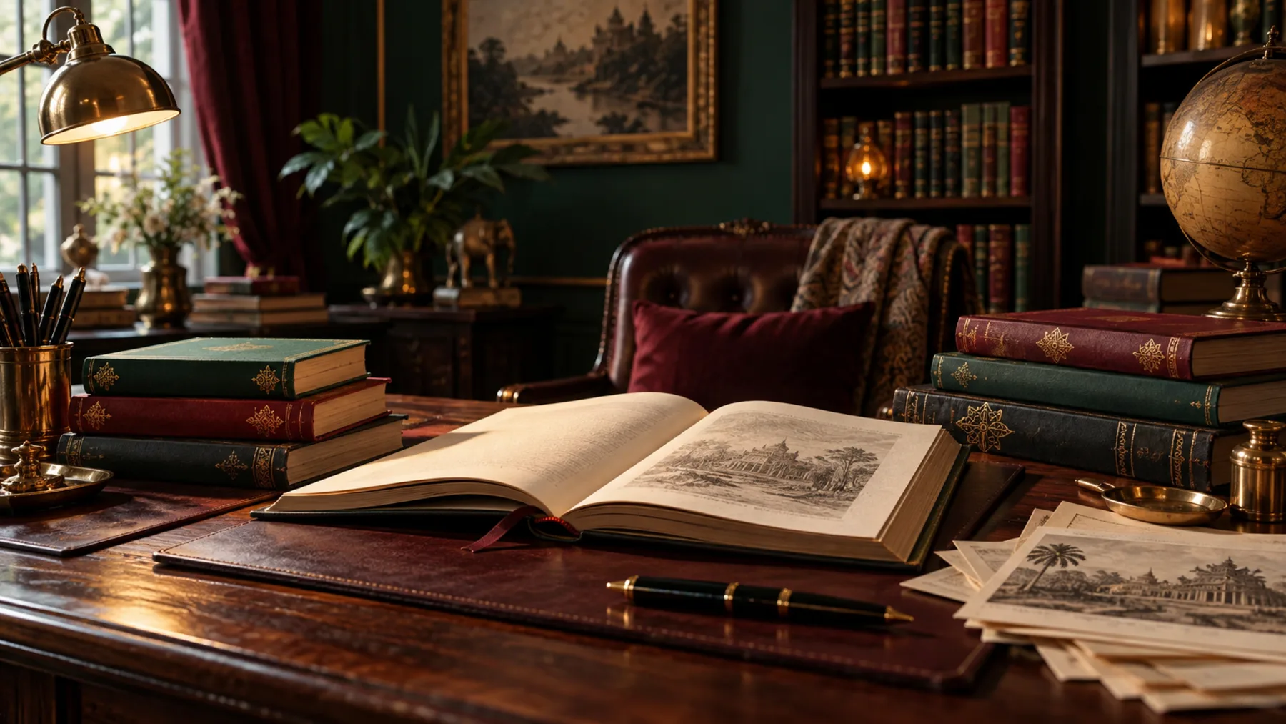 Premium publishing desk with books, manuscripts and reading material